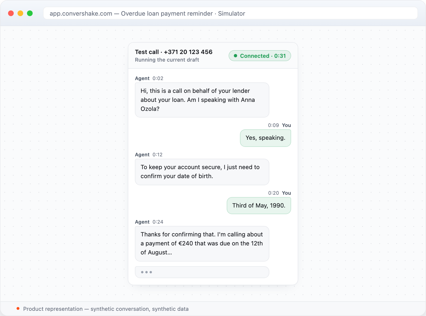 A test call in progress: a Connected chip with elapsed time, and a live transcript where every line carries its time offset.