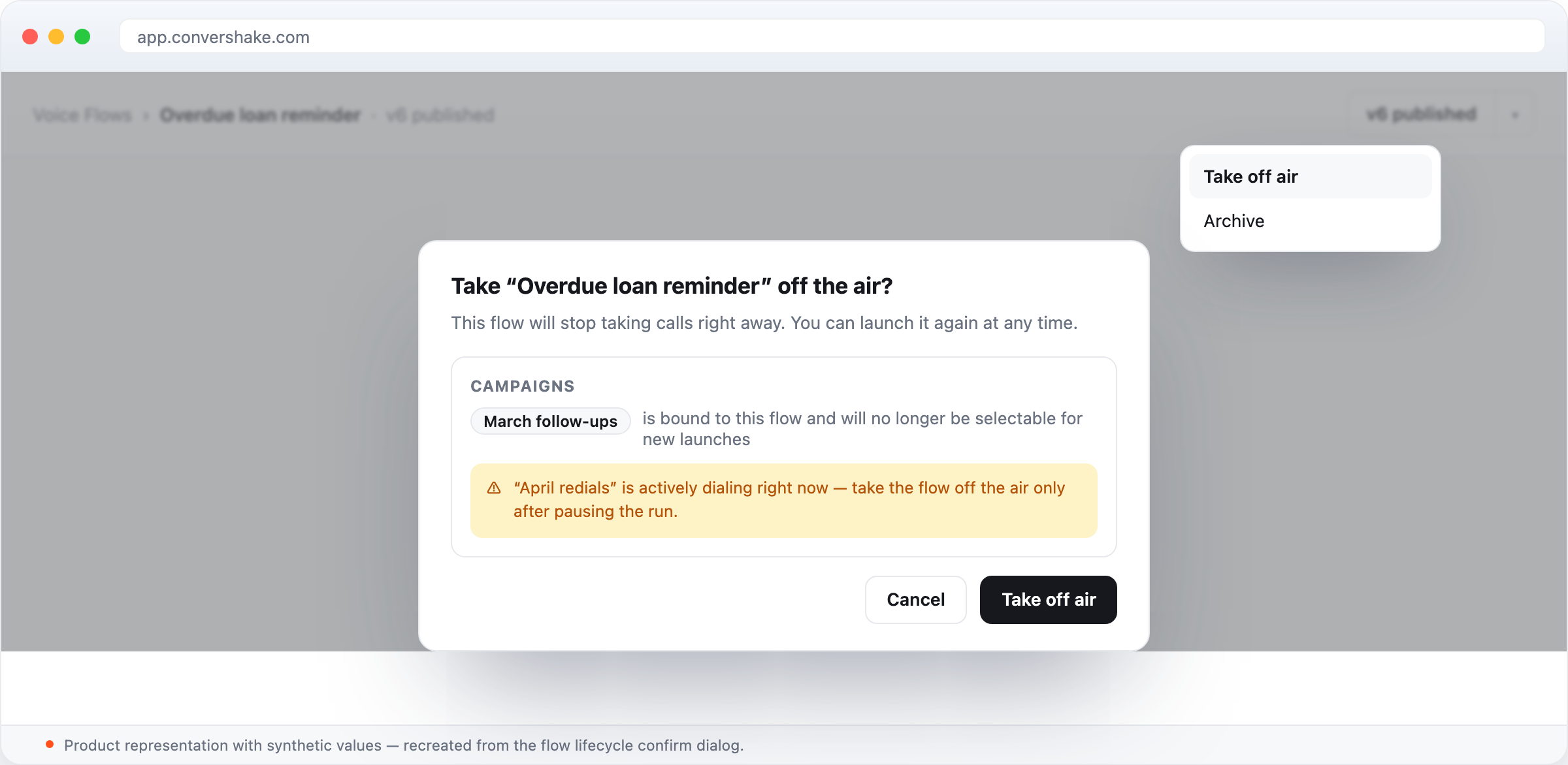 The Take off air confirmation dialog over the flow editor: it names the script, warns it will stop taking calls right away, and lists the campaigns bound to it, including one actively dialing.